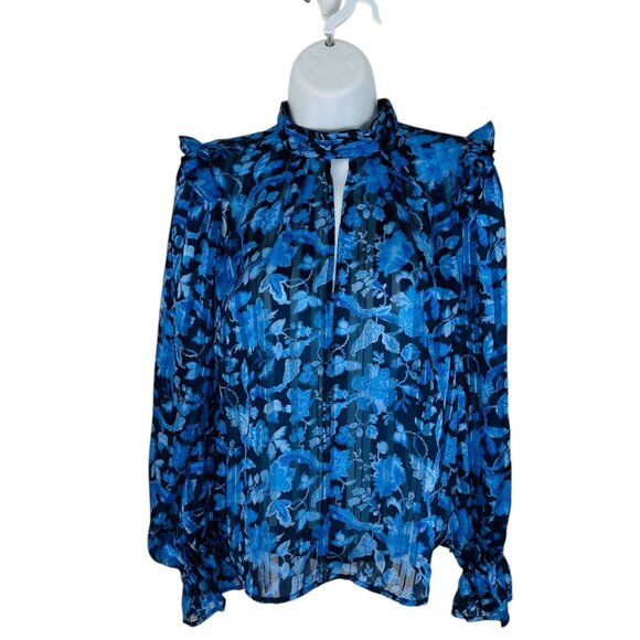 French Connection Women's Size 0 Cynthia High Neck Floral Ruffle Blue Blouse - Picture 2 of 8